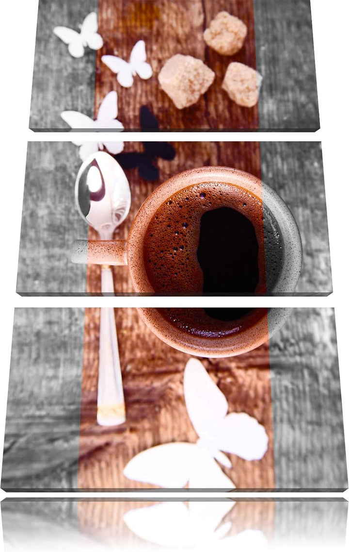 schmackhafter Kaffee mit Schmetterlingsdeko schwarz/weiss 3-Teiler Leinwandbild 120x80 Bild auf Lein