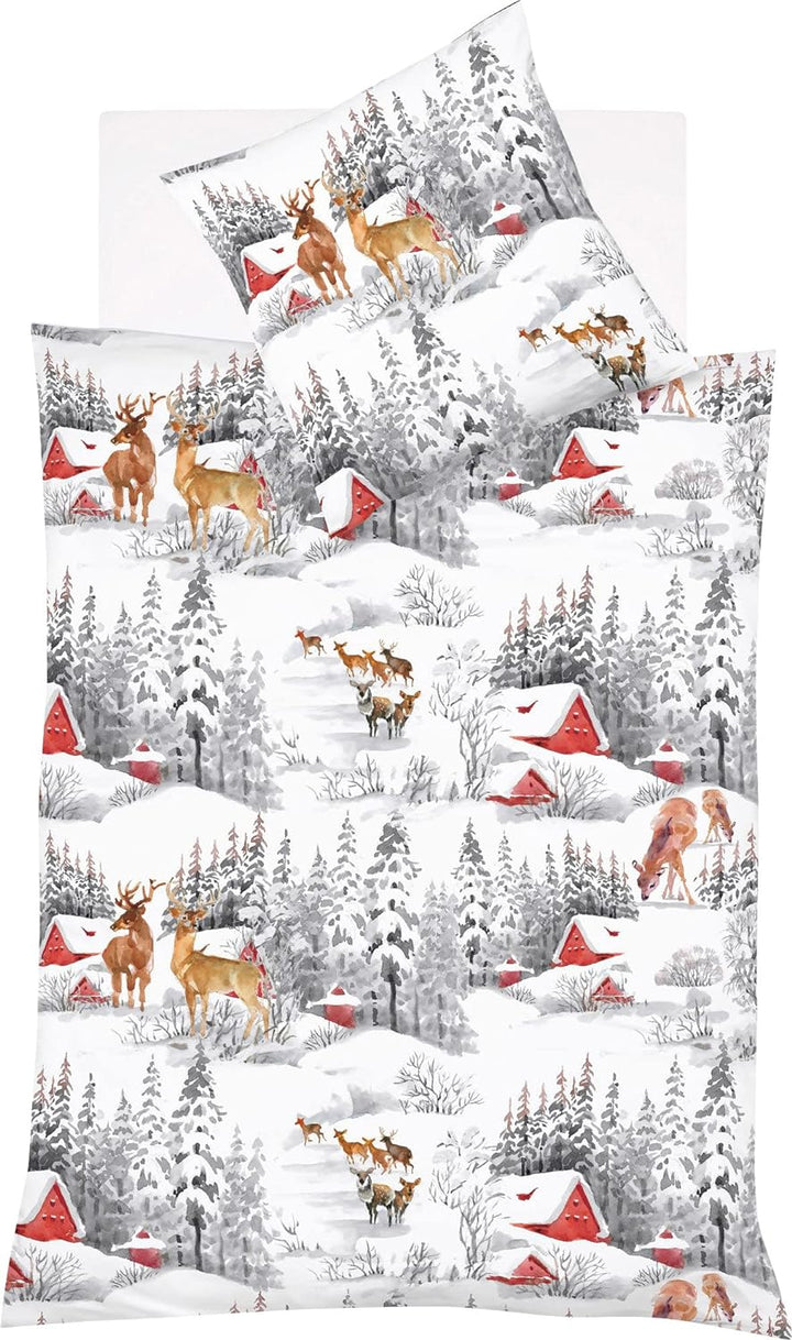 fleuresse Feinbiber Bettwäsche Aspen Hirsche Silbergrau 1 Bettbezug 155 x 220 cm + 1 Kissenbezug 80