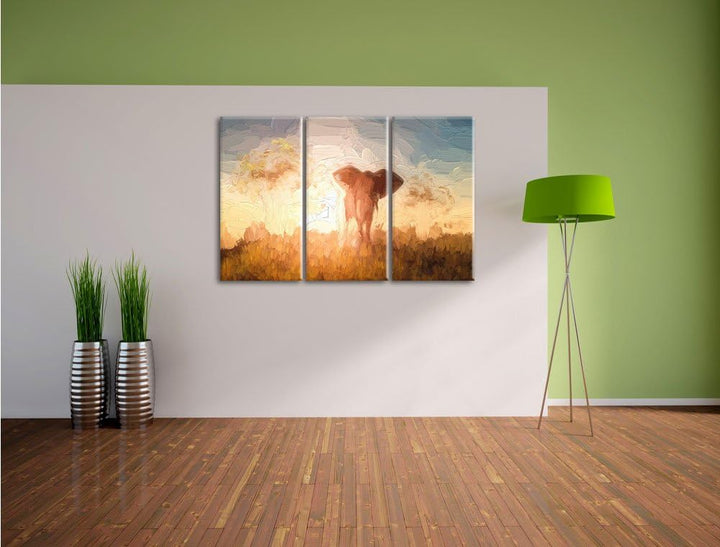 Pixxprint Elefant in der Wüste als Leinwandbild/Grösse: 3 Teilig (120x80 cm) cm/Wandbild/Kunstdruck/