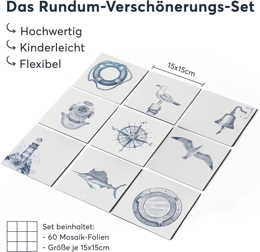 60 Stück Fliesenfolie für Küche und Bad 15x15 cm - Klebefliesen, Mosaikfliesen - Sticker Fliesen sel