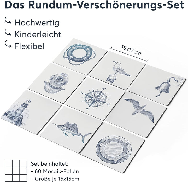 60 Stück Fliesenfolie für Küche und Bad 15x15 cm - Klebefliesen, Mosaikfliesen - Sticker Fliesen sel
