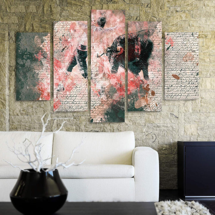 Bilder 5 Teilig Abstraktion Deco Panel Kunst Stierkampf Bulle rosa 100x70 cm Deco panel 100x70 cm A,