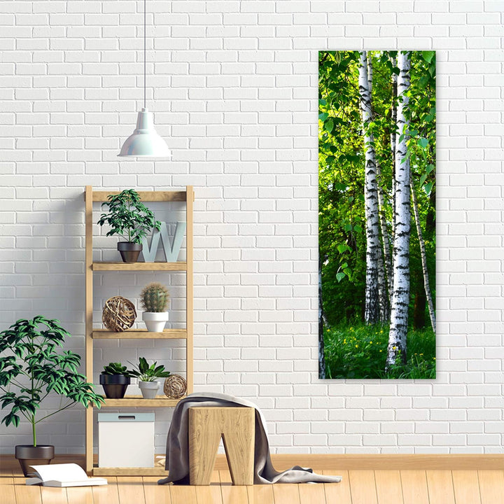 Febby Vlies Leinwandbild XXL Birke Gras Blätter 50x150 cm Wandbild Kunst Bilder Schlafzimmer Deko Wo