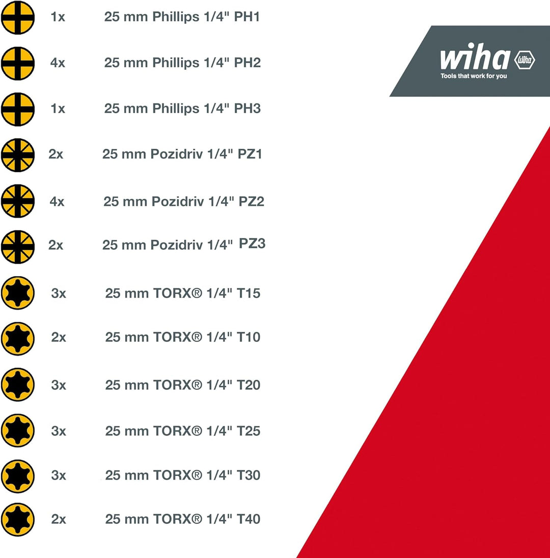 Wiha Bit Set XLSelector Y-Bit 31-tlg. I 25 mm I PH, PZ, TORX 1/4" C6,3 I magnetischer Bithalter I Ve