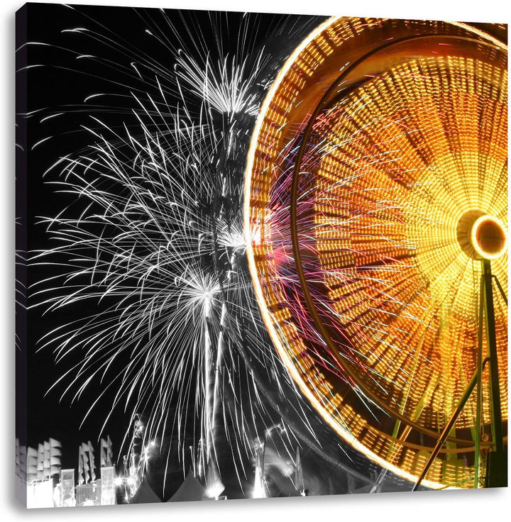 Pixxprint Jahrmarkt mit Feuerwerk / 70x70cm Leinwandbild bespannt auf Holzrahmen/Wandbild Kunstdruck