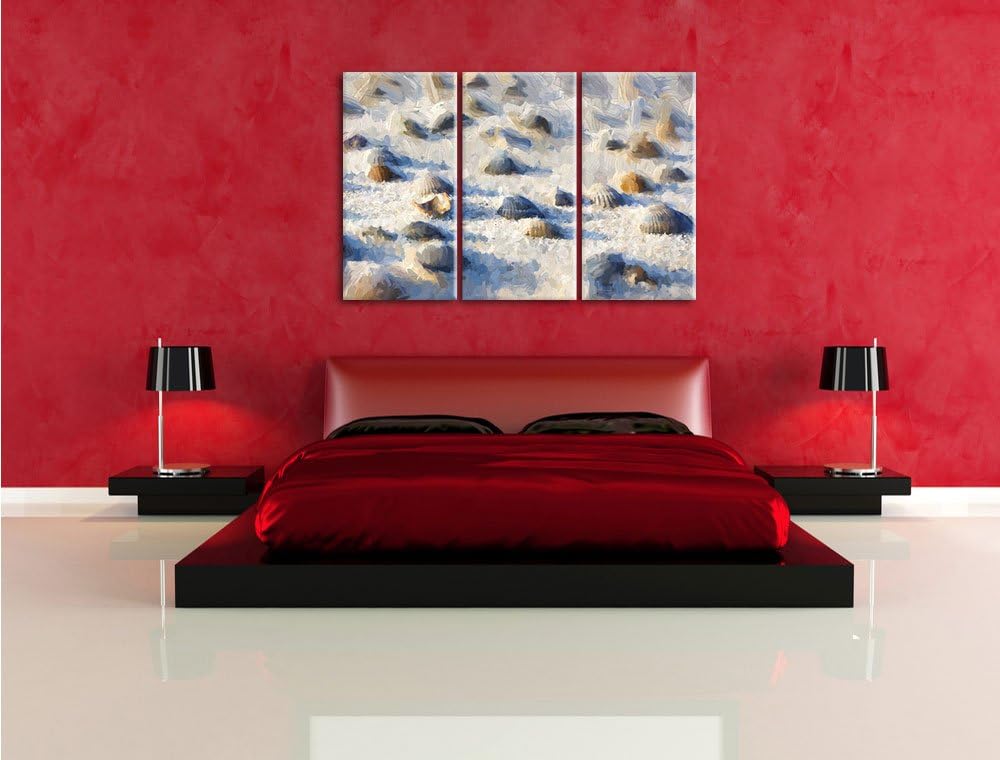 Pixxprint Muscheln im Sand Kunst als Leinwandbild/Grösse: 3 Teilig (120x80) cm/Wandbild/Kunstdruck/f