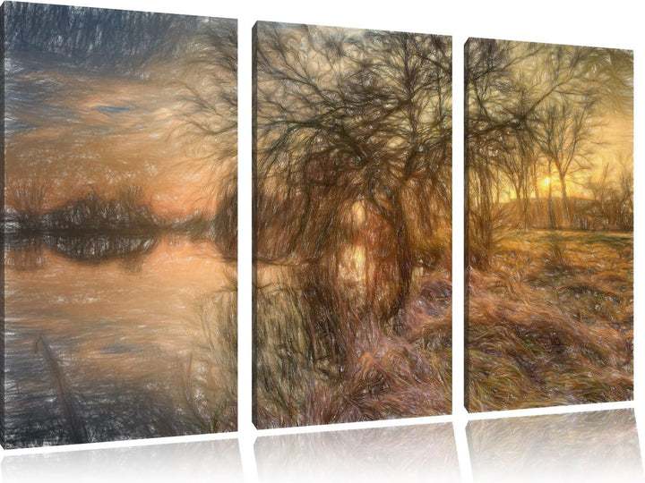 Pixxprint herbstliche Landschaft im Morgengrauen Kunst Buntstift Effekt 3-Teiler Leinwandbild 120x80