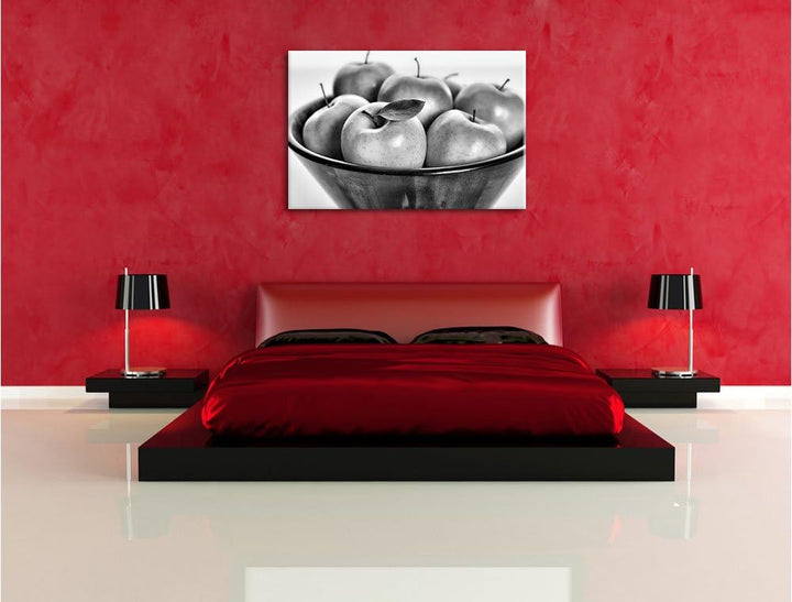 Pixxprint Monocrome, Apple Apfel Korb mit grünen Äpfeln, Format: 100x70 auf Leinwand, 100x70