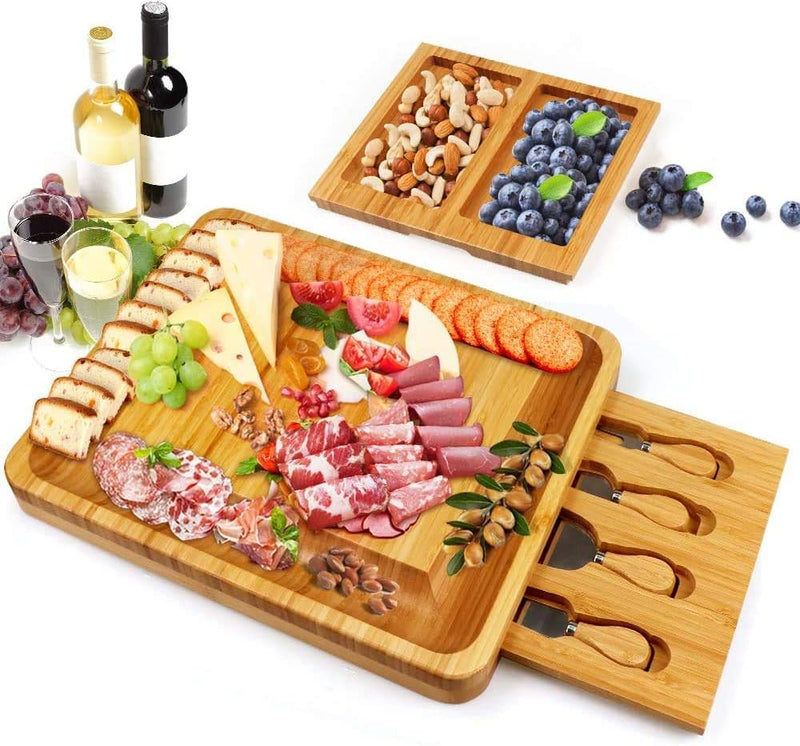 Bambus Käsebrett mit Käsewerkzeugen, Käseplatte Charcuterie-Brett-Platten-Set Serviertablett für Wei