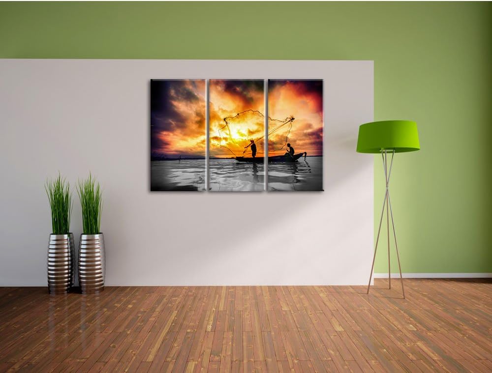 Pixxprint Angler mit grossem Fangnetz als Leinwandbild/Grösse: 3 Teilig (120x80) cm/Wandbild/Kunstdr