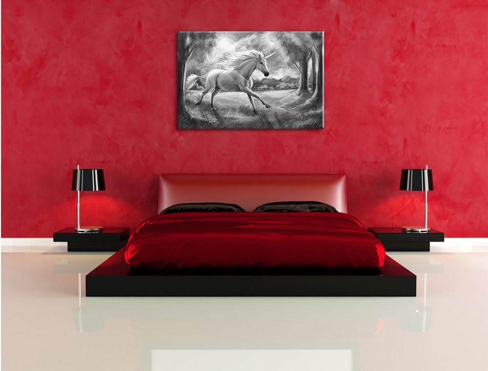 Pixxprint Einhorn im Wald B&W / 100x70cm Leinwandbild bespannt auf Holzrahmen/Wandbild Kunstdruck De