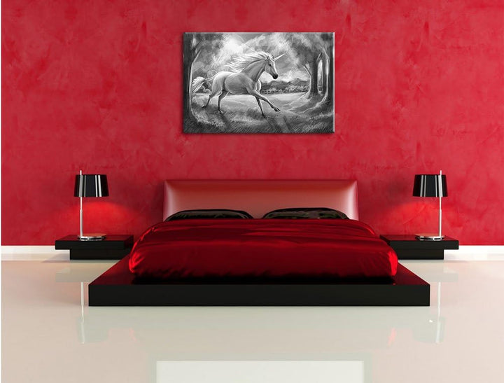 Pixxprint Einhorn im Wald B&W / 100x70cm Leinwandbild bespannt auf Holzrahmen/Wandbild Kunstdruck De