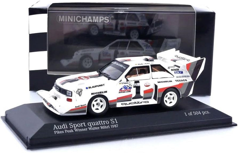 Minichamps 410871201 - AUD. Sport Quattro S1 Walter Rohrl Winner Pikes Peak Hillclimb 1987 - masssta