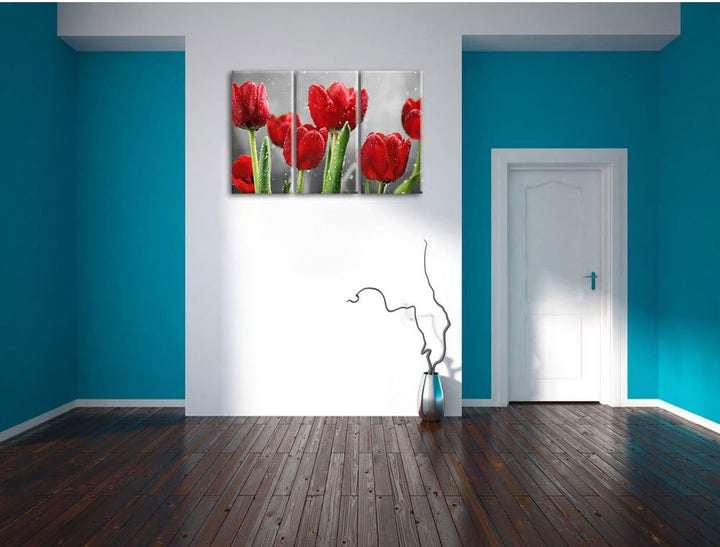 Pixxprint Rote Tulpen mit Tropfen bedeckt als Leinwandbild/Grösse: 3 Teilig (120x80) cm/Wandbild/Kun