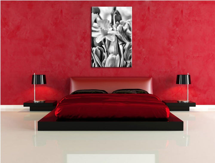 Pixxprint Osterglocken und Tulpen als Leinwandbild/Grösse: 100x70 cm/Wandbild/Kunstdruck/fertig besp