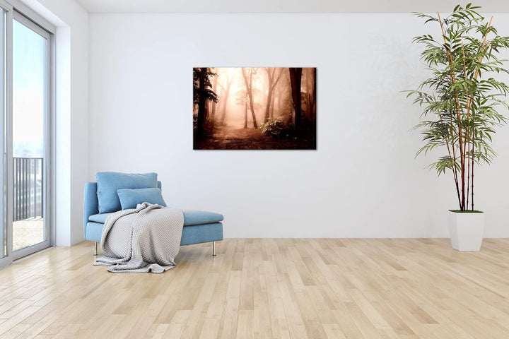 deyoli neblischer Waldweg Format: 80x60 als Leinwand, Motiv fertig gerahmt auf Echtholzrahmen, Hochw