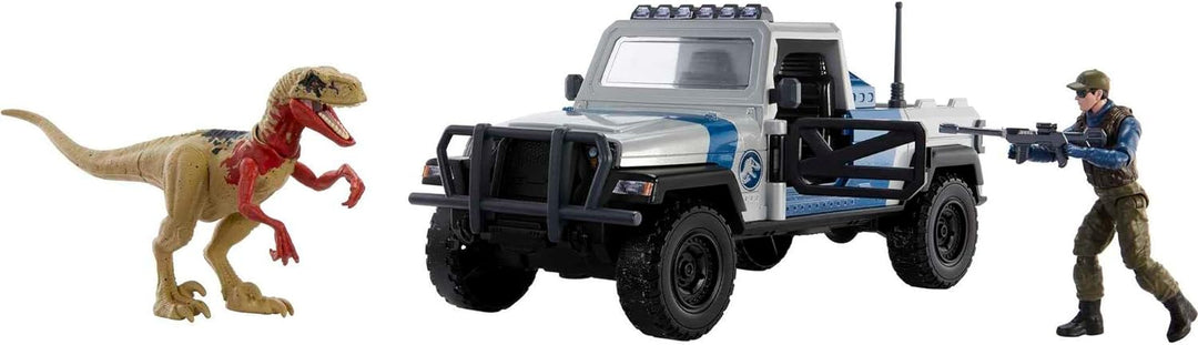 Jurassic World Truck Set Atrociraptor Dinosaurier & Menschliche Figur Filmfahrzeug mit Destruct Smas