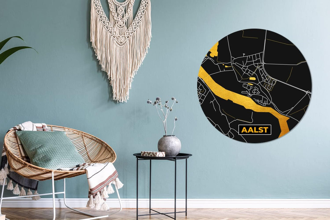 MuchoWow Wandbild Rund Wanddeko Deko Wohnzimmer Bilder 90x90 cm Karte - Gold - Aalst - Karte - Stadt