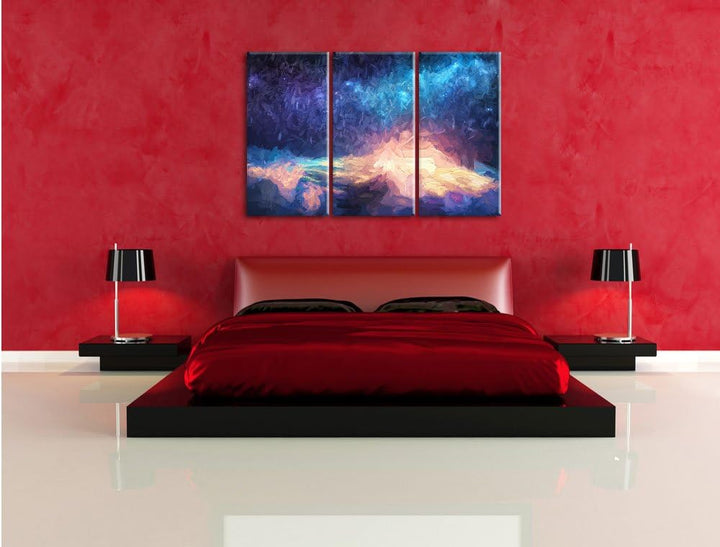 Pixxprint der Mann auf dem Berg mit dem Blick auf die Welt Kunst Pinsel Effekt 3-Teiler Leinwandbild