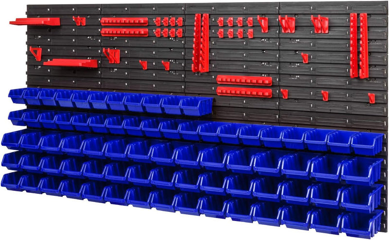 PAFEN Lagersystem - 1544 x 780 mm - Wandregal 75x Blau Stapelboxen und 38 stück Rot Werkzeughalter |