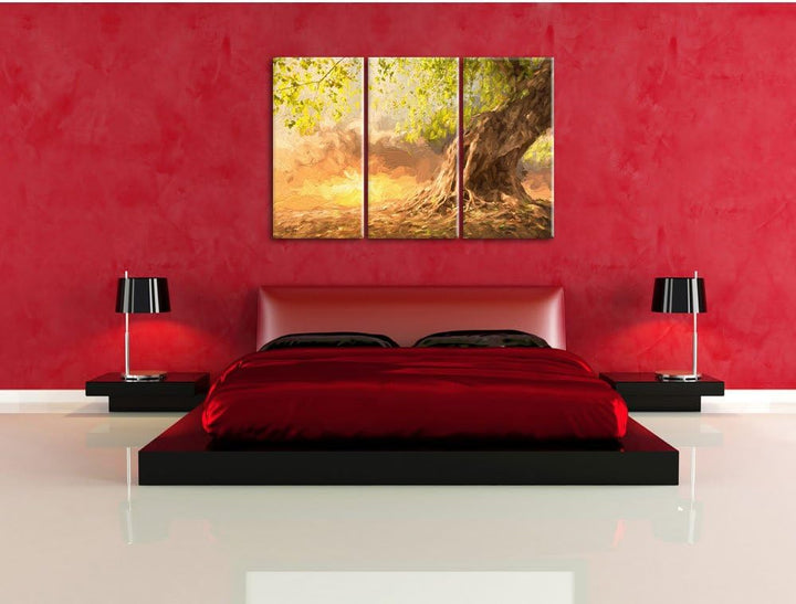 Pixxprint Verwurzelter starker Baum im Sonnenuntergang Kunst Pinsel Effekt 3-Teiler Leinwandbild 120