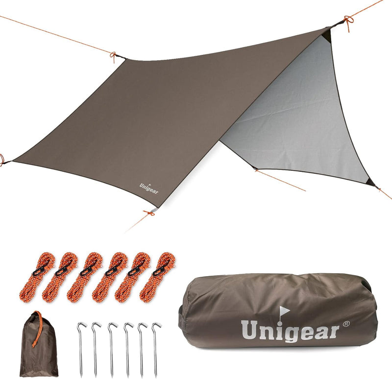 Unigear Zeltplane wasserdicht, 350x290cm/450x420cm sechseckig Tarp mit Ösen + 6 Aluminium Erdnägel+