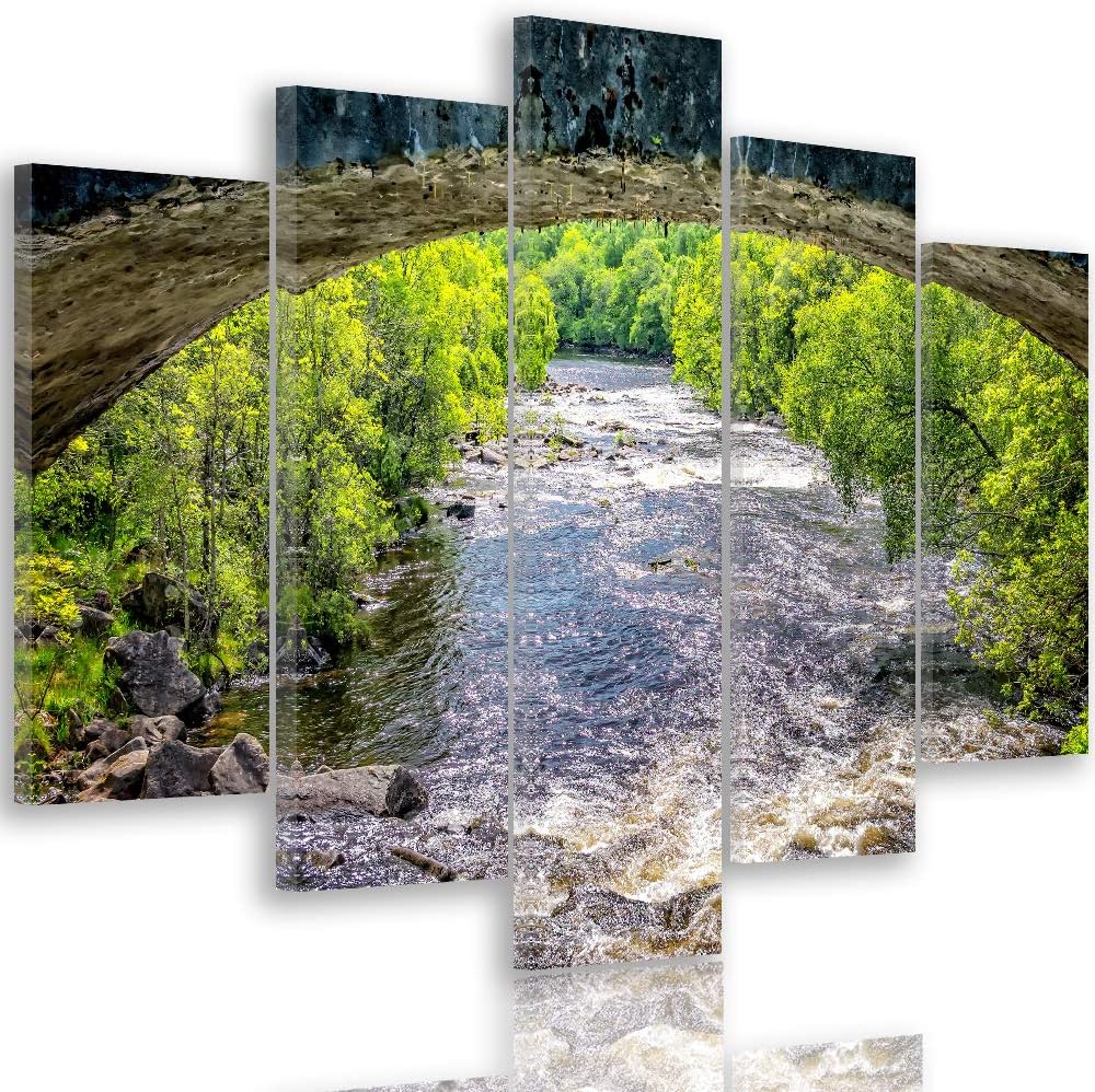 Leinwandbild 5 Teilig Landschaft Bild Wanddeko Fluss Bäume Natur bunt 200x100 cm Leinwandbild 200x10