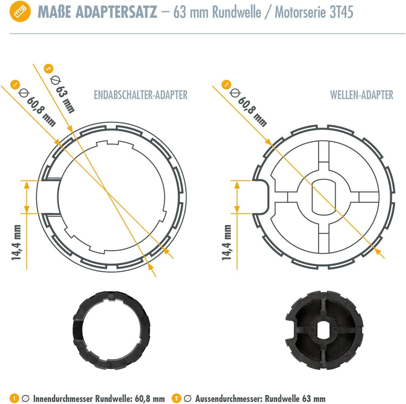 3T-MOTORS Funk-Markisenmotor 3T45-40R + HSE1 (Zugkraft 40 Nm/80 kg) für 63 mm Markisenwelle, zum Nac