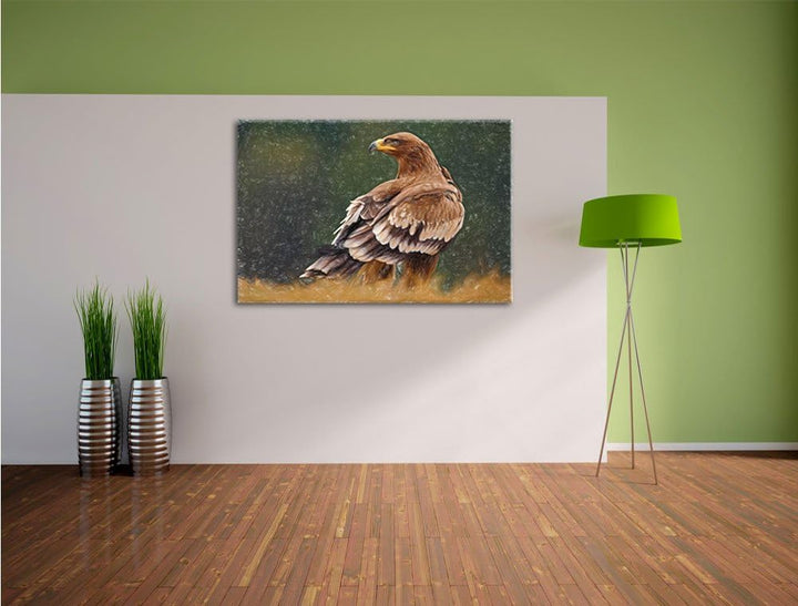 Pixxprint Einsamer Falke mit braunem Gefieder Kunst Buntstift Effekt, Format: 100x70 auf Leinwand, X