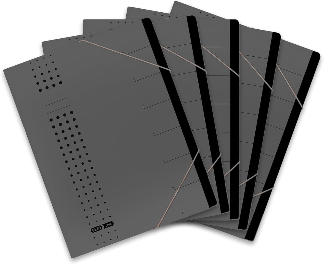 Elba Ordnungsmappe chic A4 aus Karton, 7 Fächer, anthrazit, 5 Stück, anthrazit