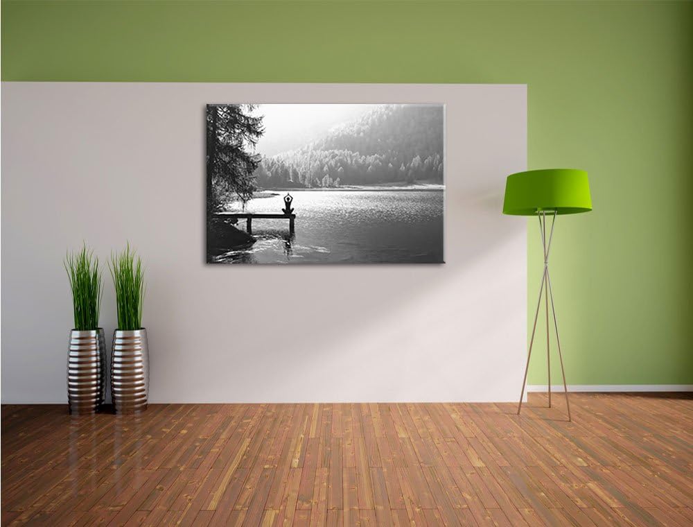 Yoga am See Kunst B&W, Format: 100x70 auf Leinwand, XXL riesige Bilder fertig gerahmt mit Keilrahmen