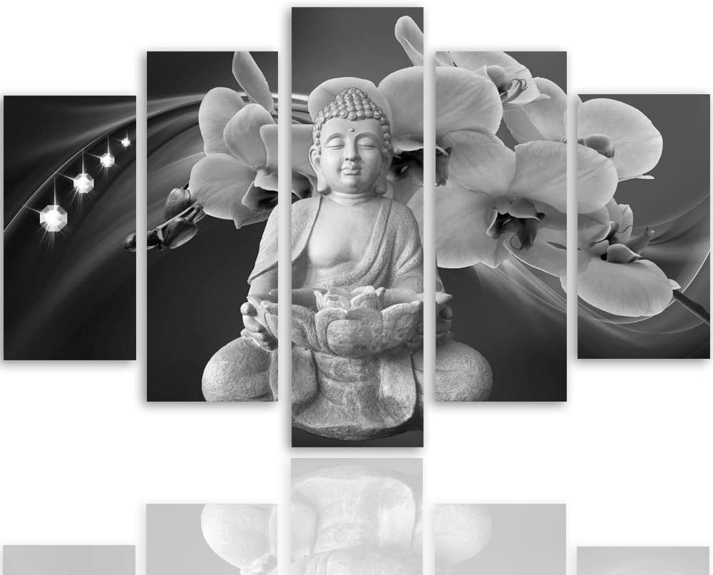 Feeby Wandbild XXL 5 Teilig Abstrakt Leinwandbild Buddha Blumen Schwarzweiss 300x140 cm Leinwandbild
