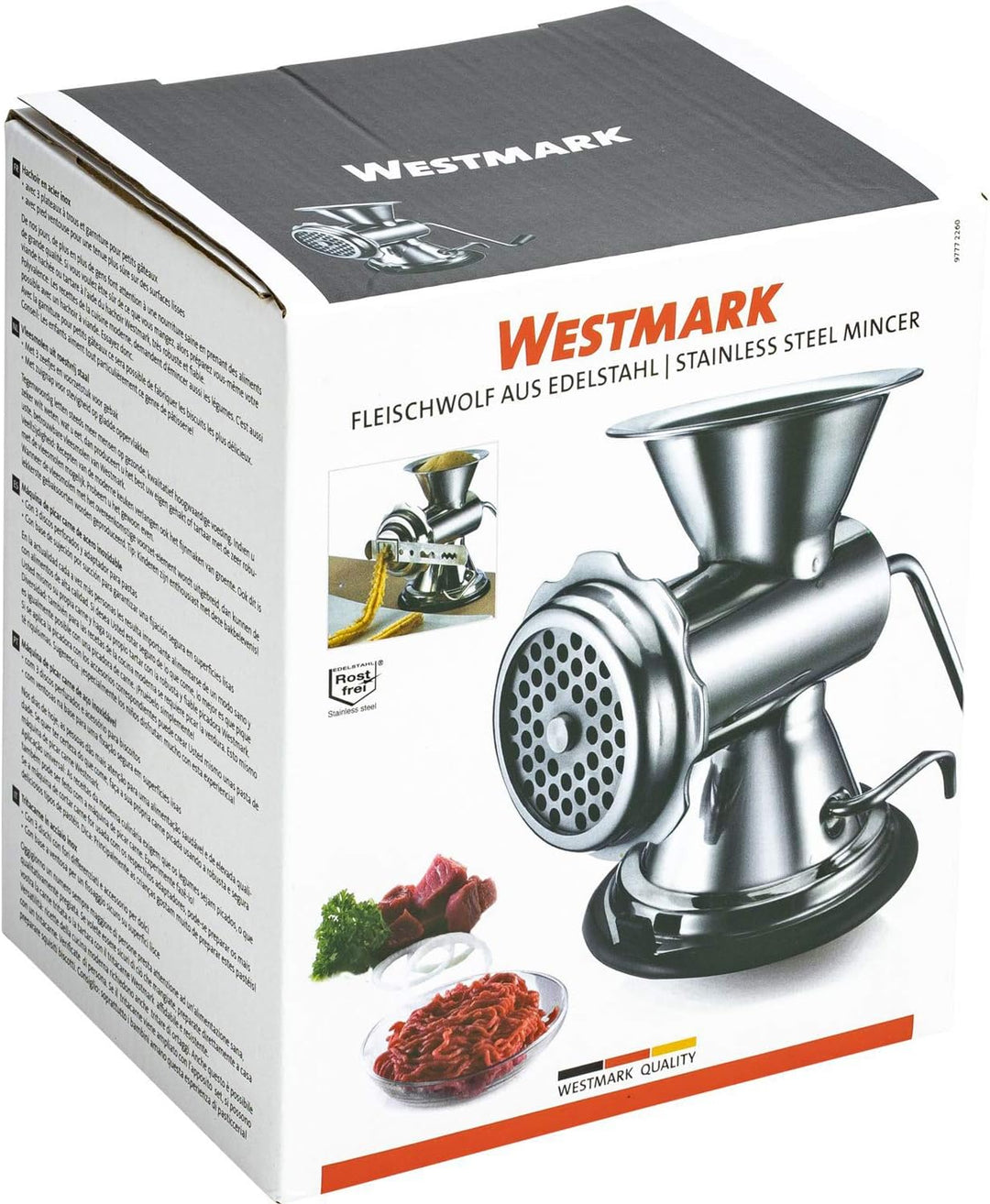 Westmark Fleischwolf mit 3 Lochscheiben, Wurstfülltrichter und Spritzgebäckvorsatz, Grösse 8, mit Sa