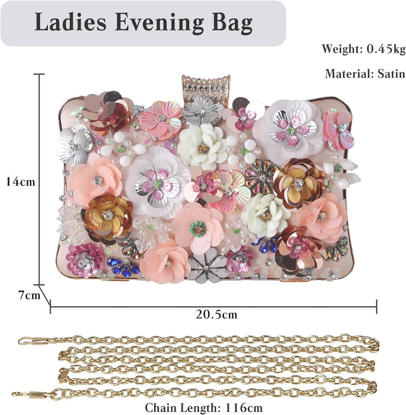 CORIOS Damen Blumen Abendtasche Shiny Strass Clutch Tasche Hochzeit Bag Kette Handtasche Elegante Sc