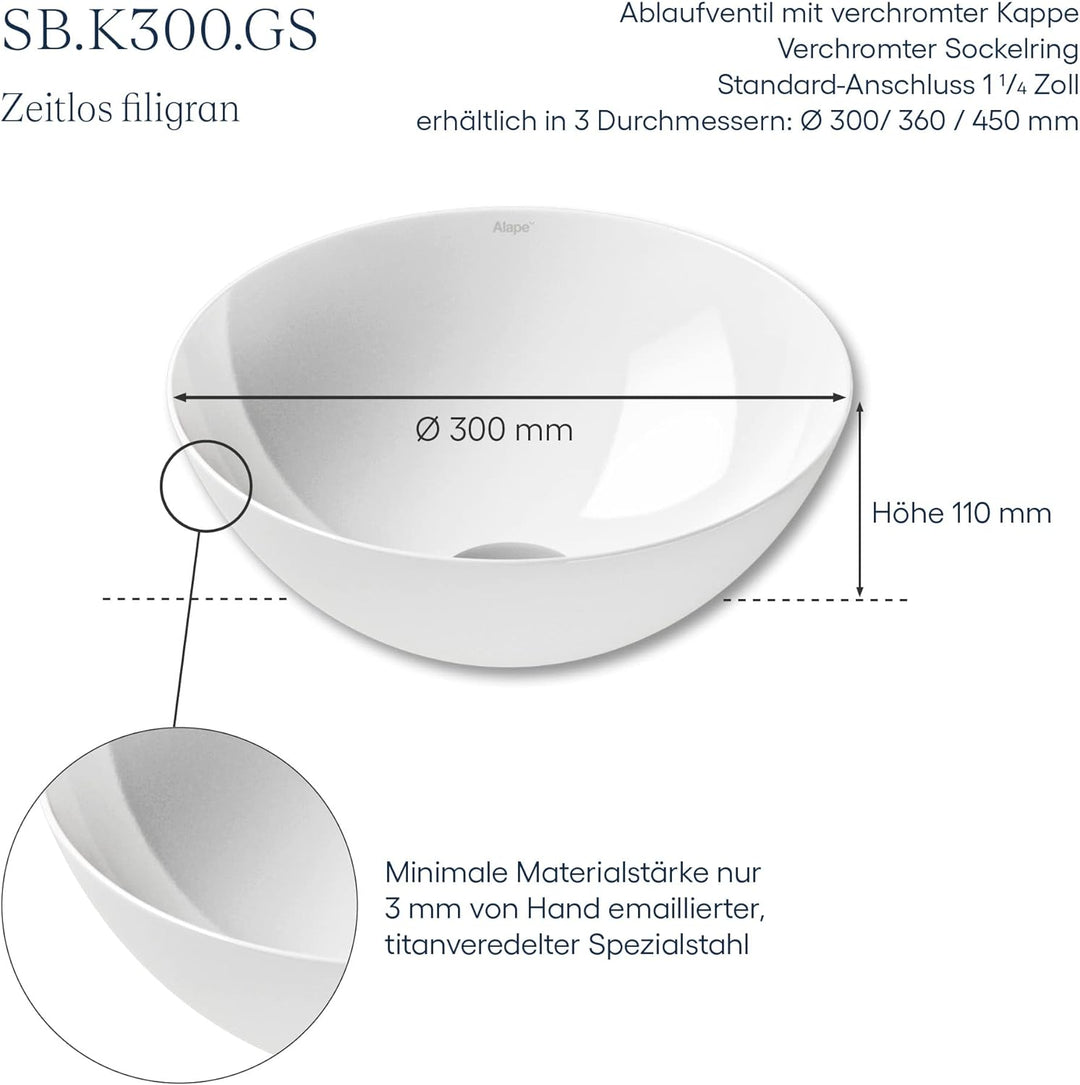 Alape˘ Waschschale, Waschbecken aus glasiertem Stahl in der Oberfläche weiss, rund, Ø 30 cm, Höhe 11
