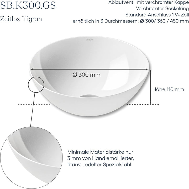 Alape˘ Waschschale, Waschbecken aus glasiertem Stahl in der Oberfläche weiss, rund, Ø 30 cm, Höhe 11