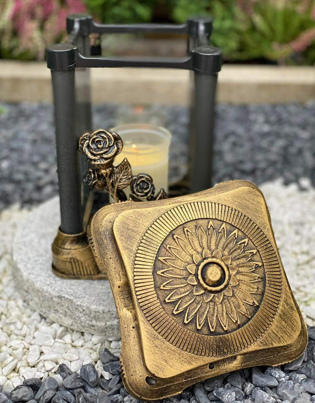 Grablampe Handmade NEU Rose-Motiv Grablicht Grabkerze Grabdekoration Grabschmuck Gartenlampe incl.Gr