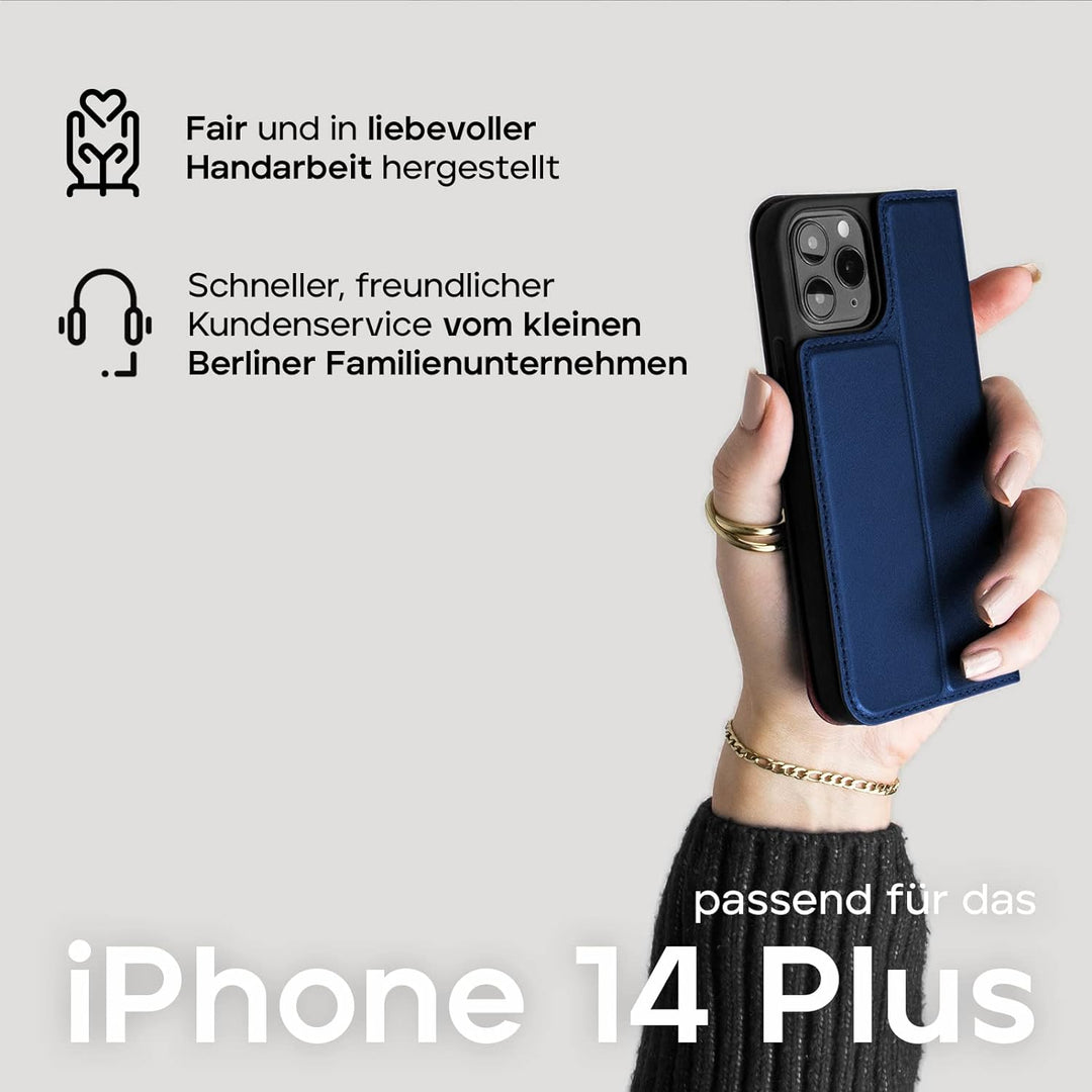 WIIUKA Hülle für iPhone 14 Plus, Leder aus Deutschland, mit Kartenfach, extra Dünn, Handyhülle mit S