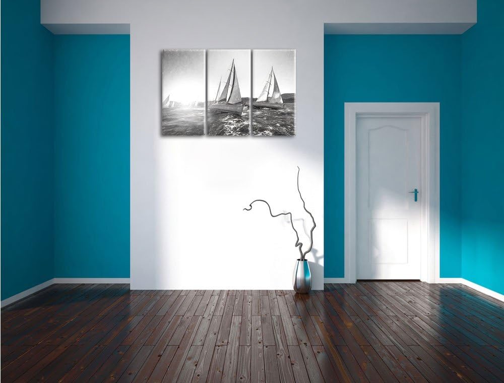 Pixxprint Luxusyachten bei Segelregatta Kunst Kohle Effekt 3-Teiler Leinwandbild 120x80 Bild auf Lei