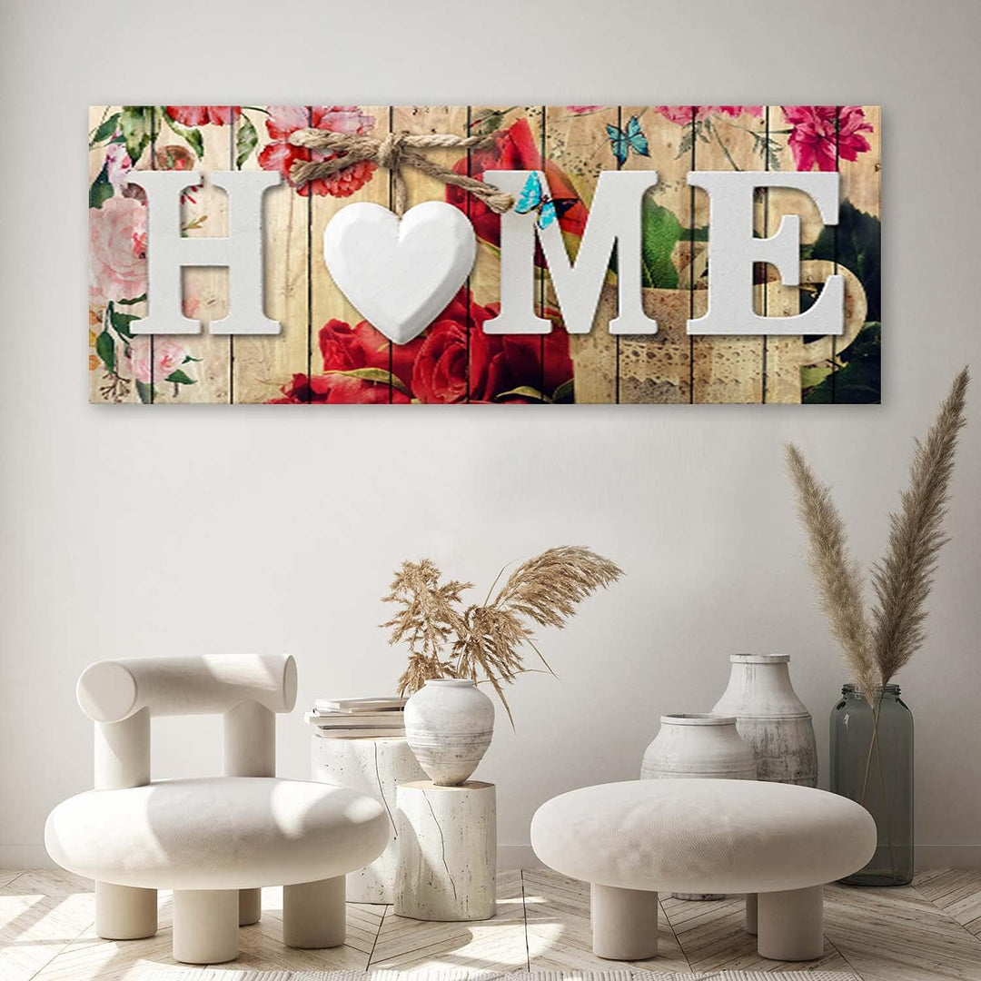 Feeby Wandbild Home 120x40 cm Druckbild Leinwandbild Wanddekoration Herz Schmetterlinge Blumen Rot L