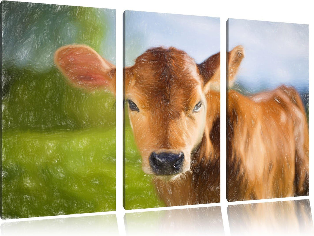 Pixxprint Junge Kuh Kälbchen als Leinwandbild | Grösse: 3 Teilig (120x80) | Wandbild| Kunstdruck | f