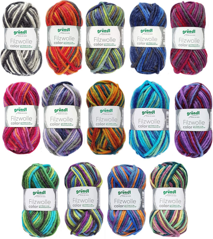 10x je 50 Gramm Gründl Filzwolle COLOR SET Bunt Mix Mischung
