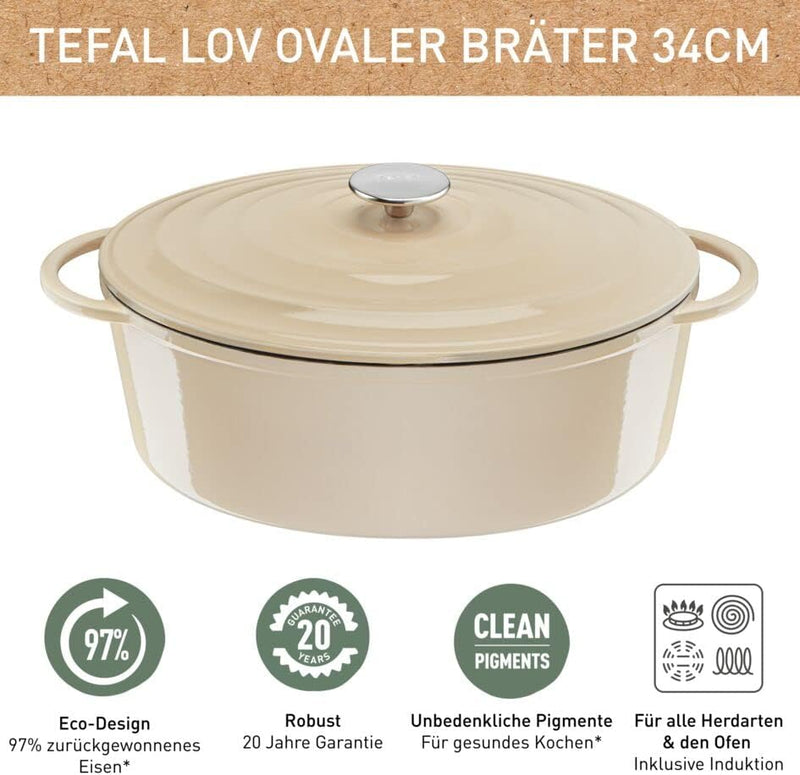 Tefal E25906 LOV Ovaler Bräter 34 cm | wiedergewonnenes Gusseisen | optimale Wärmespeicherung | für