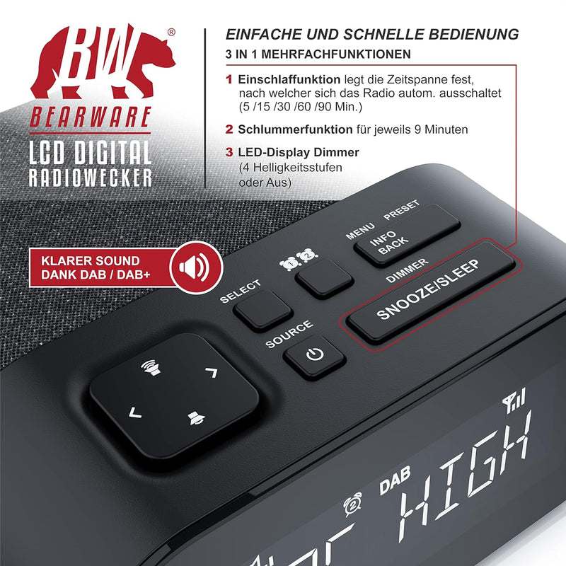 CSL - DAB+ Radiowecker DAB, UKW, Uhrenradio, Wecker mit Zwei einstellbaren Weckzeiten, Snooze-Funkti