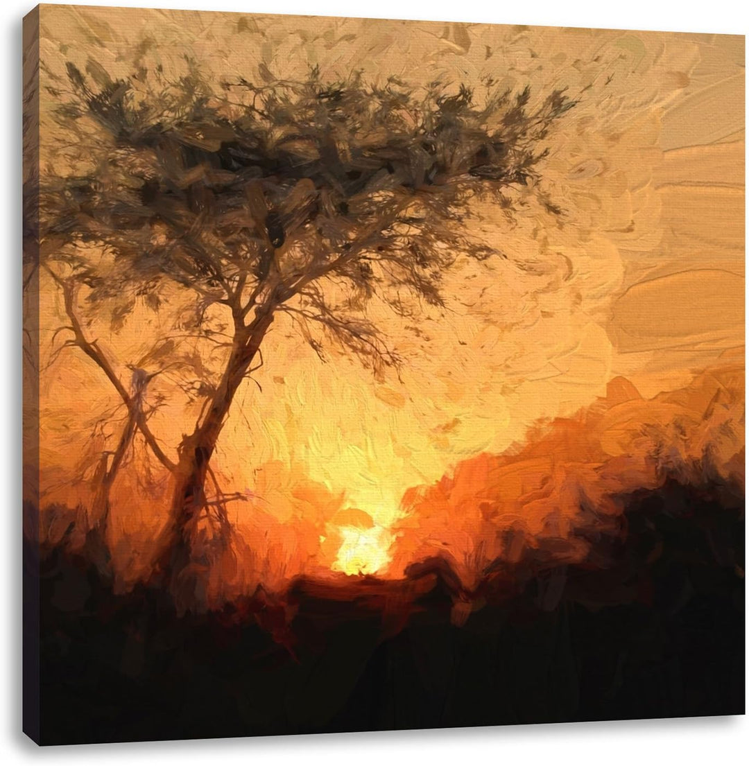 Pixxprint Einsamer Baum bei Sonnenuntergang, Format: 70x70 auf Leinwand, 70x70