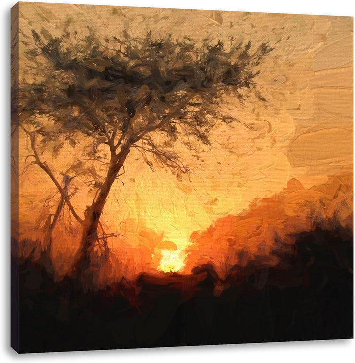 Pixxprint Einsamer Baum bei Sonnenuntergang, Format: 70x70 auf Leinwand, 70x70
