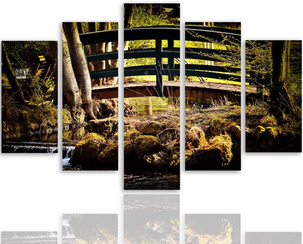 Feeby Leinwandbild 5 Teilig Landschaft Bild Wanddeko Brücke Bächlein Steine gelb 200x100 cm Leinwand