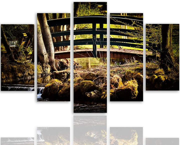 Feeby Leinwandbild 5 Teilig Landschaft Bild Wanddeko Brücke Bächlein Steine gelb 200x100 cm Leinwand