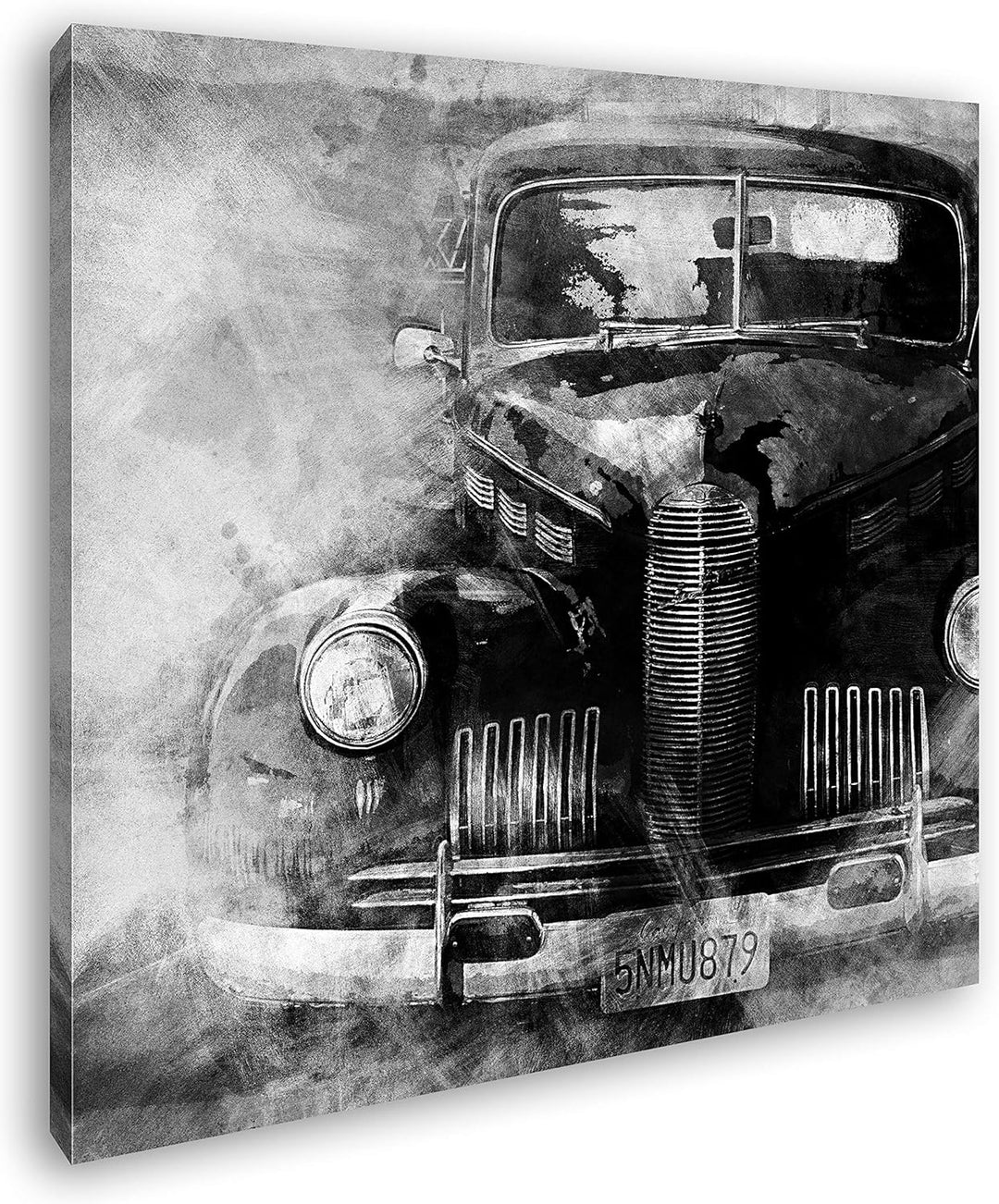 deyoli gezeichneter Alter Oldtimer Format: 70x70 Effekt: Schwarz&Weiss als Leinwandbild, Motiv ferti
