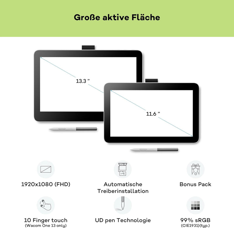 Wacom One 13 Touch Zeichentablett mit 13,3-Zoll-Multi-Touch-Bildschirm, Full-HD, 99% sRGB, inkl. bat